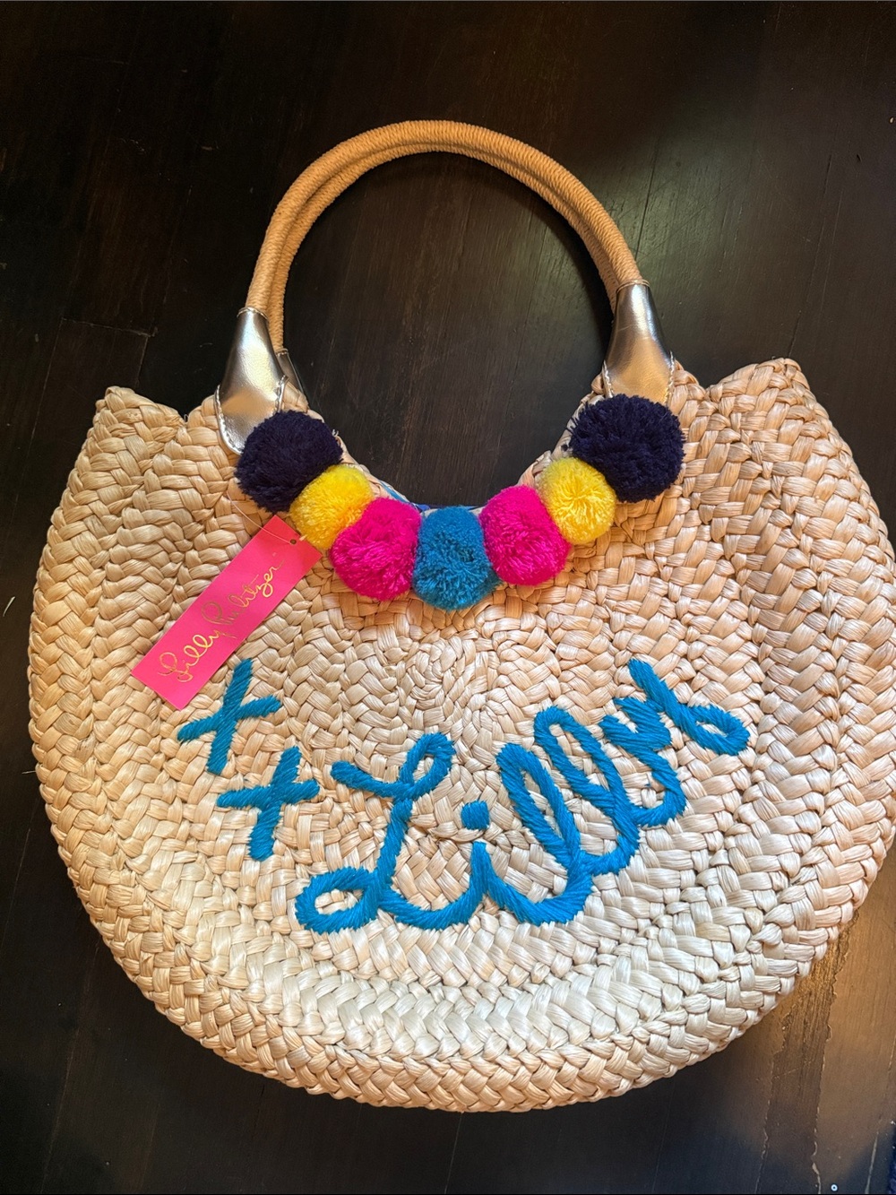 Lilly Pulitzer Natural Straw Tote with Blue Script and Multicolor Pom Trim